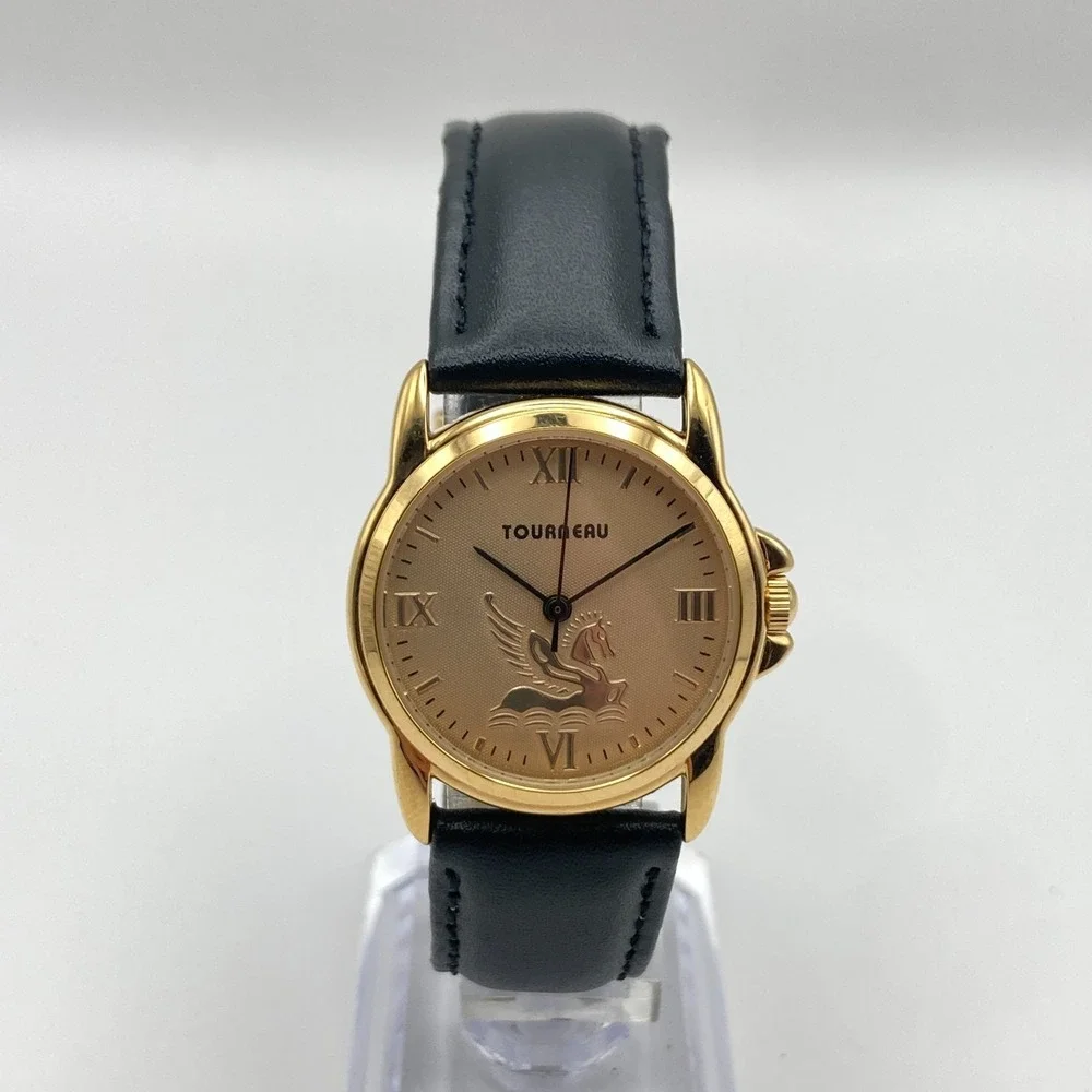 Tourneau Pegasus Watch Women 30mm Gold Tone Black Leather 30M New Battery 8.25